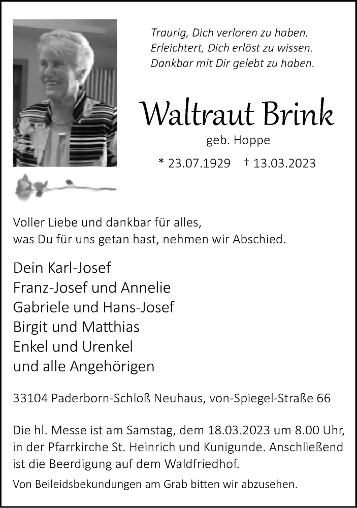  Traueranzeige für Waltraut Brink vom 15.03.2023 aus Neue Westfälische