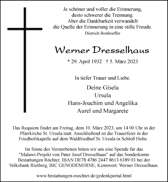 Traueranzeige von Werner Dresselhaus von Neue Westfälische