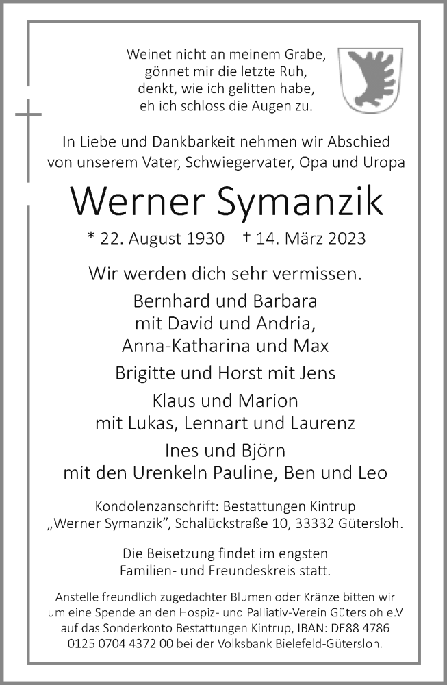  Traueranzeige für Werner Symanzik vom 17.03.2023 aus Neue Westfälische