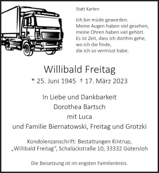 Traueranzeige von Willibald Freitag von Neue Westfälische