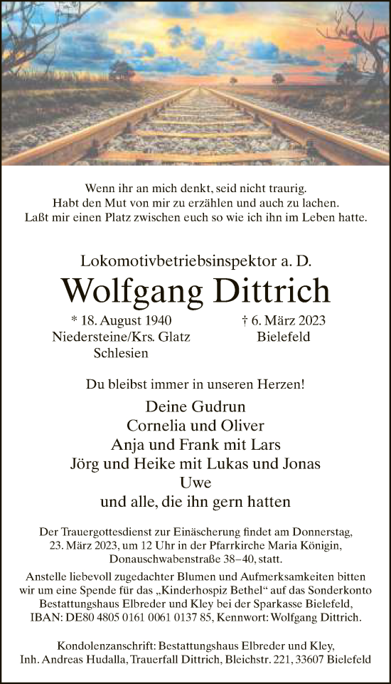 Traueranzeige von Wolfgang Dittrich von Neue Westfälische