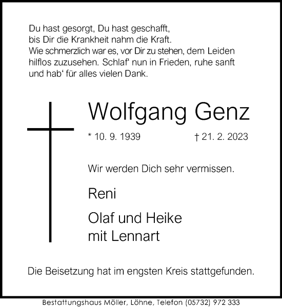 Traueranzeige von Wolfgang Genz von Neue Westfälische