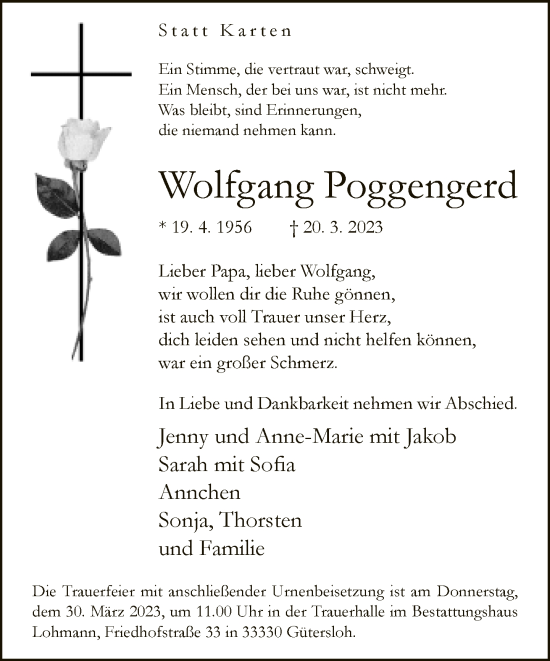 Traueranzeige von Wolfgang Poggengerd von Neue Westfälische