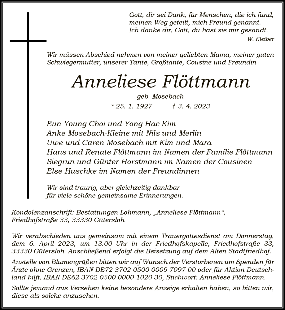  Traueranzeige für Anneliese Flöttmann vom 04.04.2023 aus Neue Westfälische