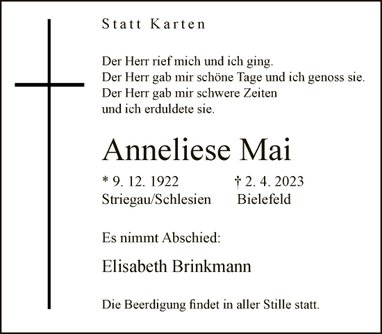 Traueranzeige von Anneliese Mai von Neue Westfälische