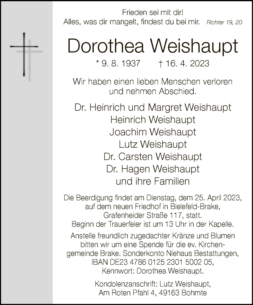  Traueranzeige für Dorothea Weishaupt vom 22.04.2023 aus Neue Westfälische