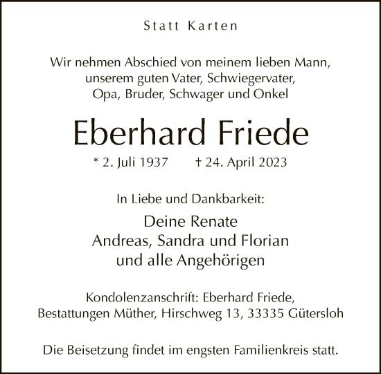 Traueranzeige von Eberhard Friede von Neue Westfälische