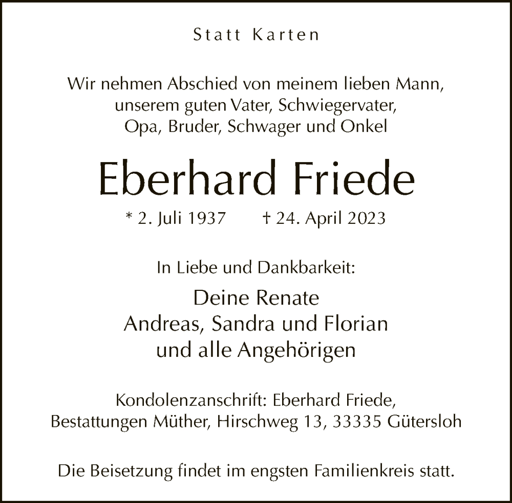  Traueranzeige für Eberhard Friede vom 29.04.2023 aus Neue Westfälische