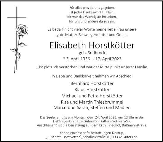 Traueranzeige von Elisabeth Horstkötter von Neue Westfälische