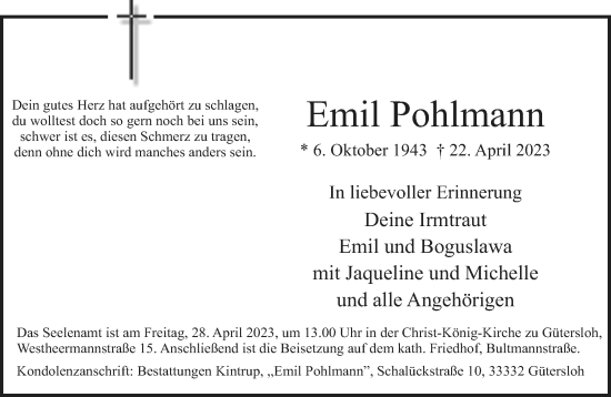 Traueranzeige von Emil Pohlmann Pohlmann von Neue Westfälische
