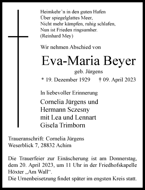 Traueranzeige von Eva-Maria Beyer von Neue Westfälische