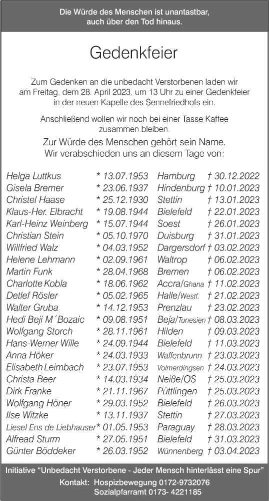  Traueranzeige für Gedenkfeier  vom 21.04.2023 aus Neue Westfälische