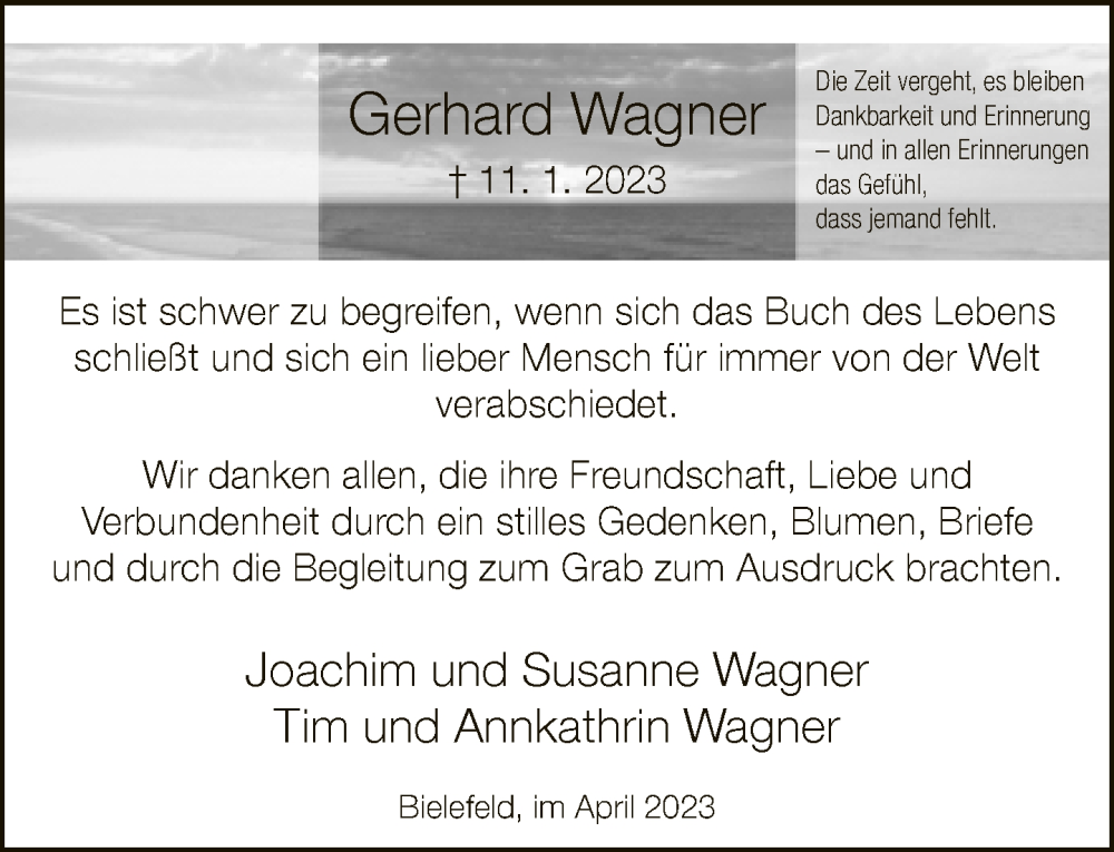  Traueranzeige für Gerhard Wagner vom 01.04.2023 aus Neue Westfälische