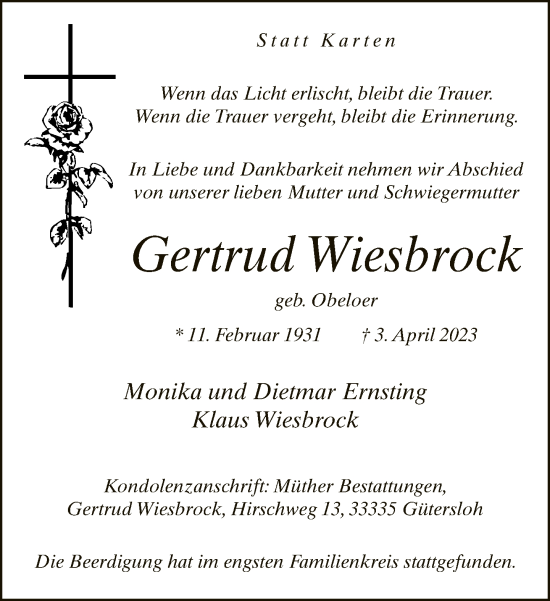 Traueranzeige von Gertrud Wiesbrock von Neue Westfälische