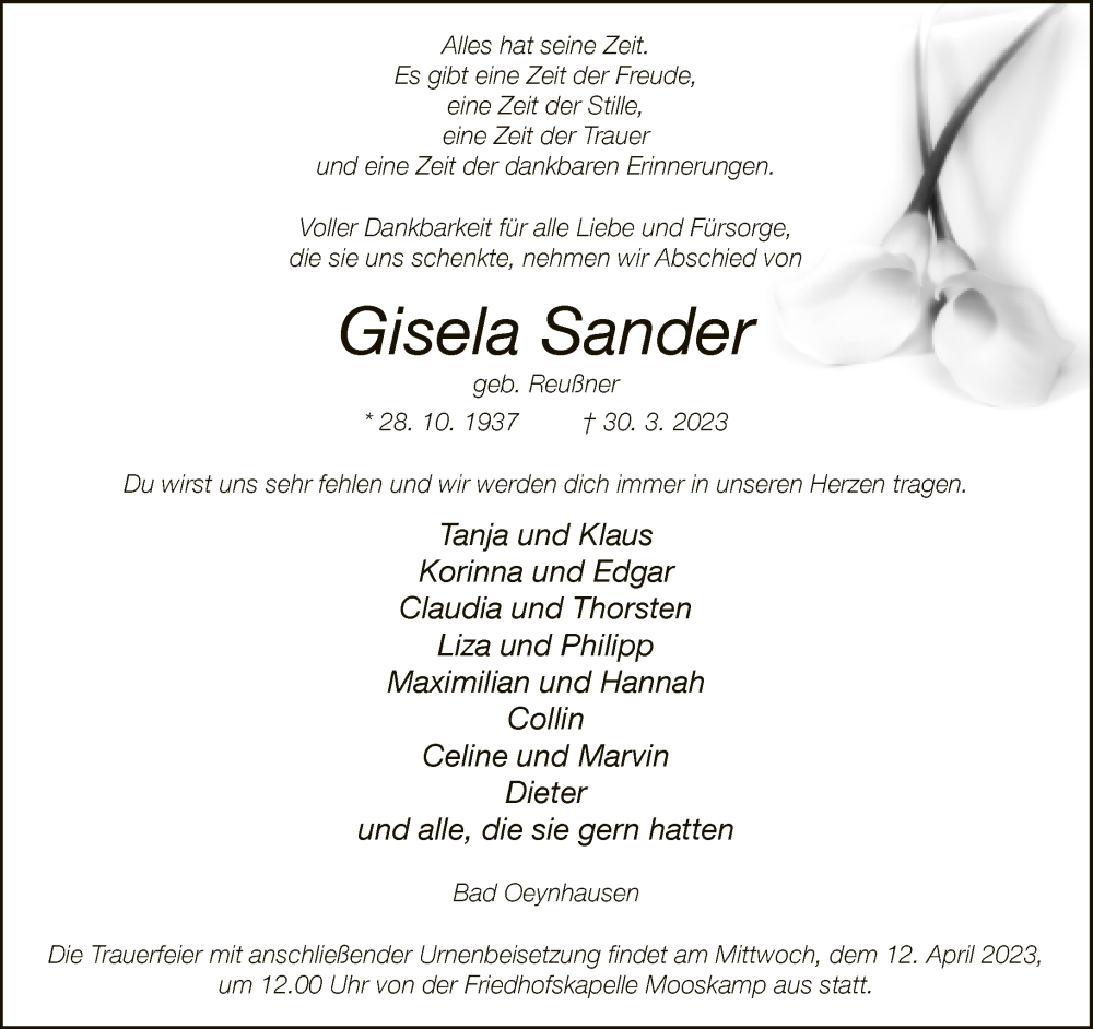  Traueranzeige für Gisela Sander vom 07.04.2023 aus Neue Westfälische