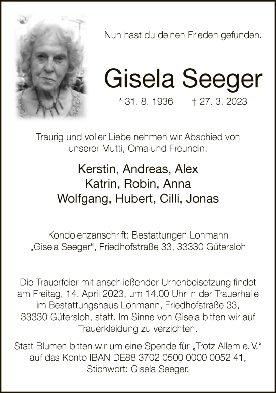 Traueranzeige von Gisela Seeger von Neue Westfälische