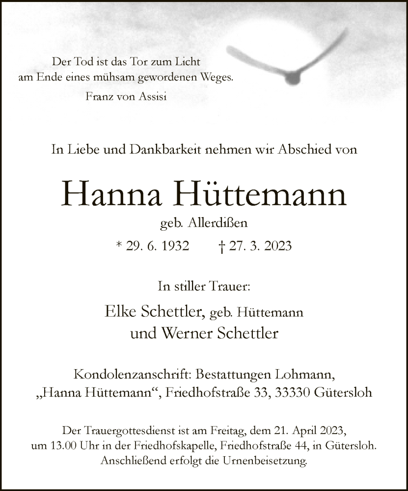  Traueranzeige für Hanna Hüttemann vom 15.04.2023 aus Neue Westfälische