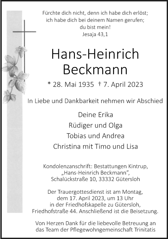 Traueranzeige von Hans-Heinrich Beckmann von Neue Westfälische