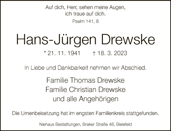 Traueranzeige von Hans-Jürgen Drewske von Neue Westfälische