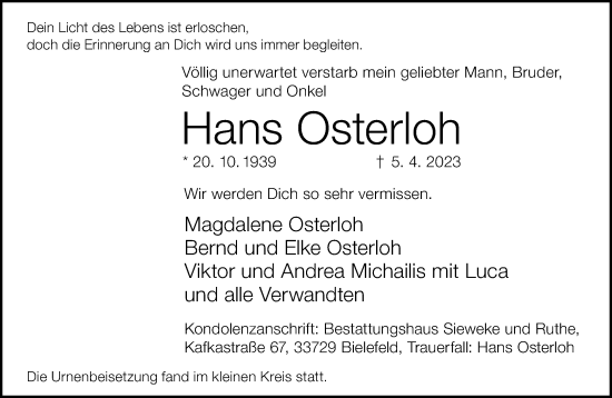 Traueranzeige von Hans Osterloh von Neue Westfälische