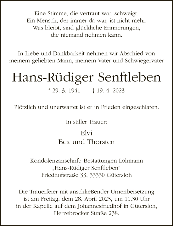 Traueranzeige von Hans-Rüdiger Senftleben von Neue Westfälische