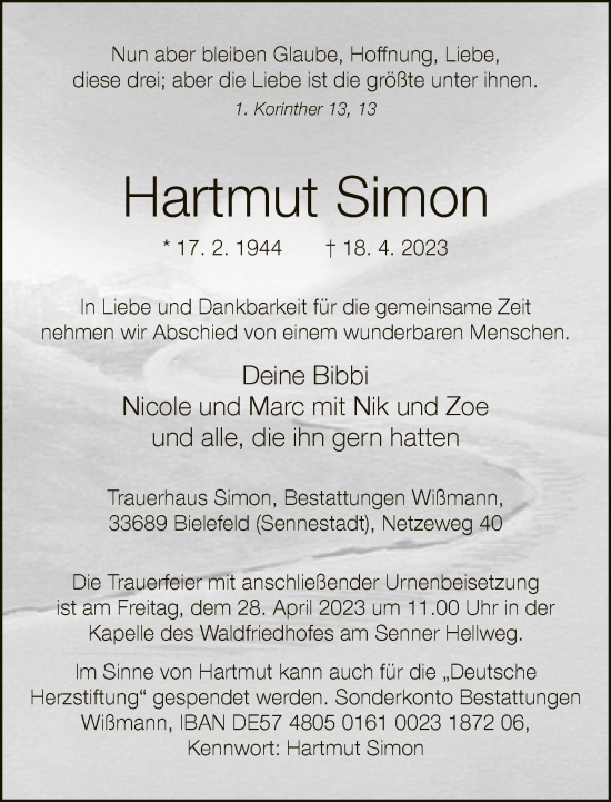 Traueranzeige von Hartmut Simon von Neue Westfälische