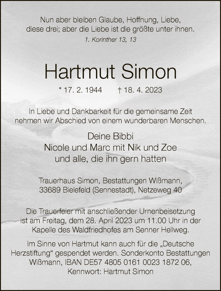  Traueranzeige für Hartmut Simon vom 22.04.2023 aus Neue Westfälische