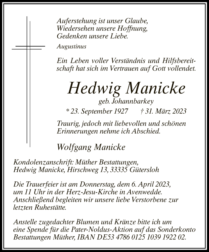  Traueranzeige für Hedwig Manicke vom 04.04.2023 aus Neue Westfälische
