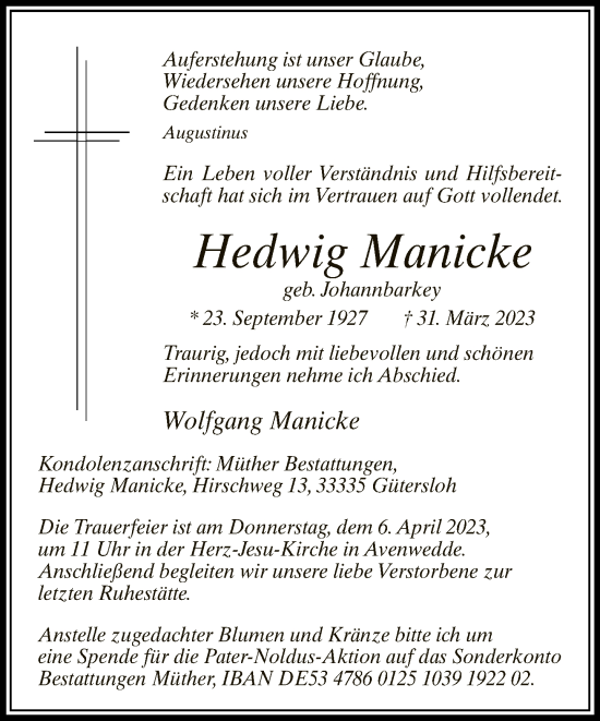 Traueranzeige von Hedwig Manicke von Neue Westfälische