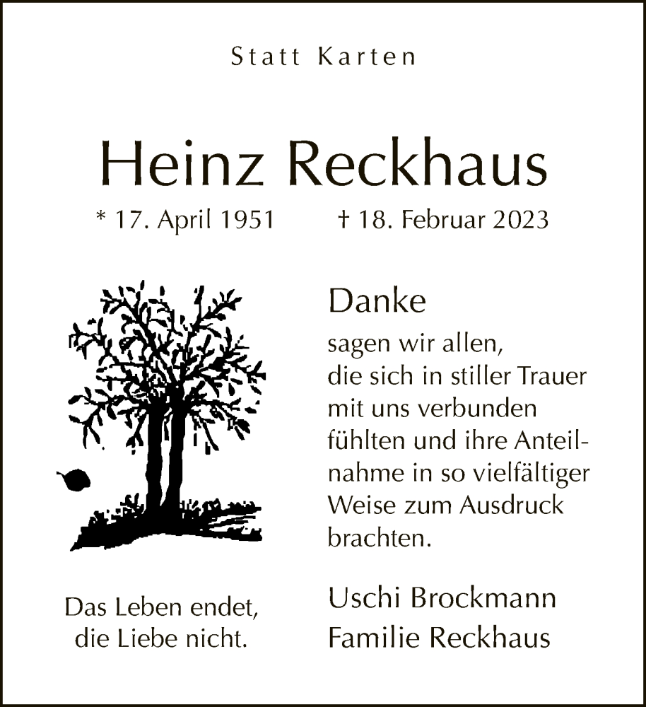  Traueranzeige für Heinz Reckhaus vom 11.04.2023 aus Neue Westfälische