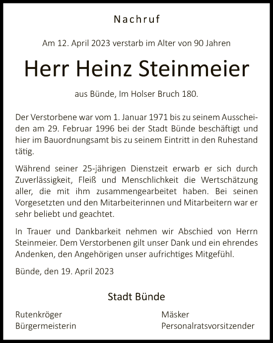 Traueranzeige von Heinz Steinmeier von Neue Westfälische