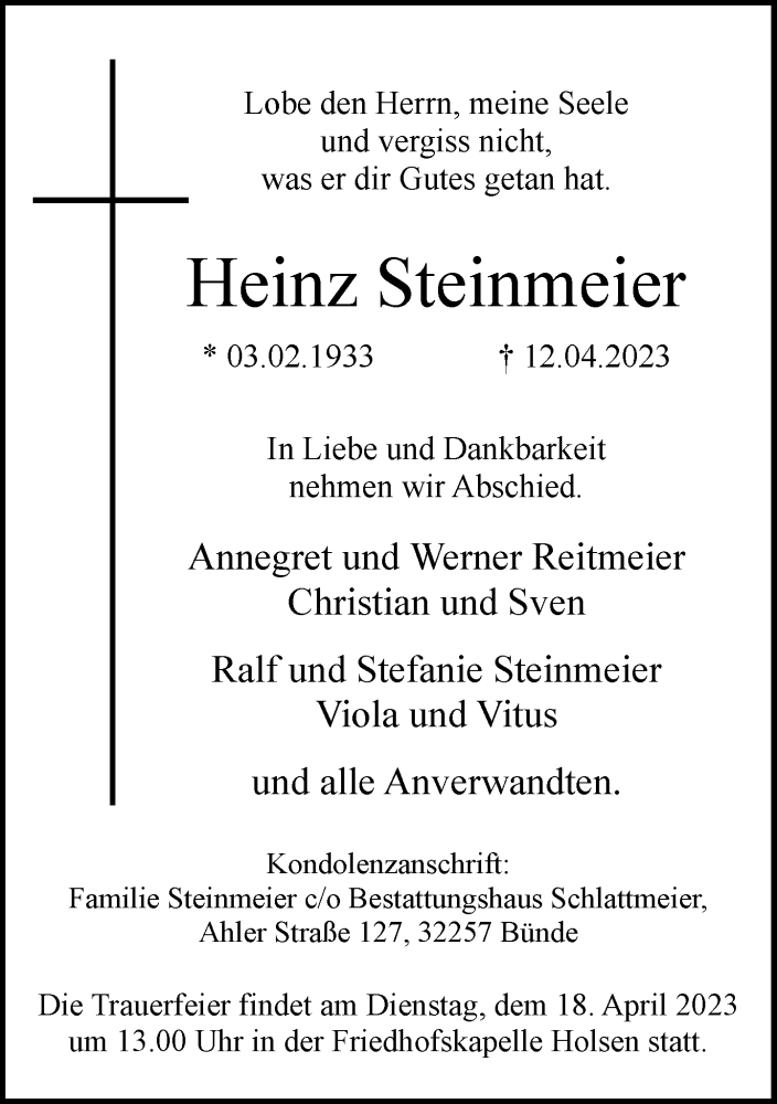 Traueranzeige für Heinz Steinmeier vom 15.04.2023 aus Neue Westfälische