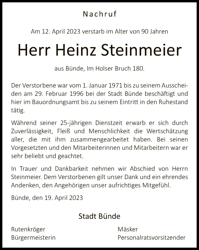  Traueranzeige für Heinz Steinmeier vom 21.04.2023 aus Neue Westfälische