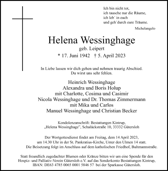 Traueranzeige von Helena Wessinghage von Neue Westfälische