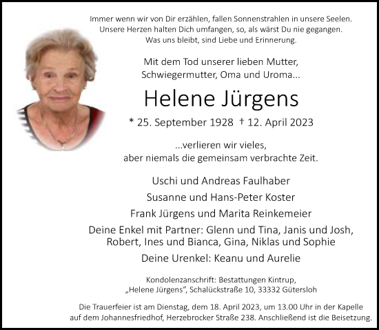 Traueranzeige von Helene Jürgens von Neue Westfälische