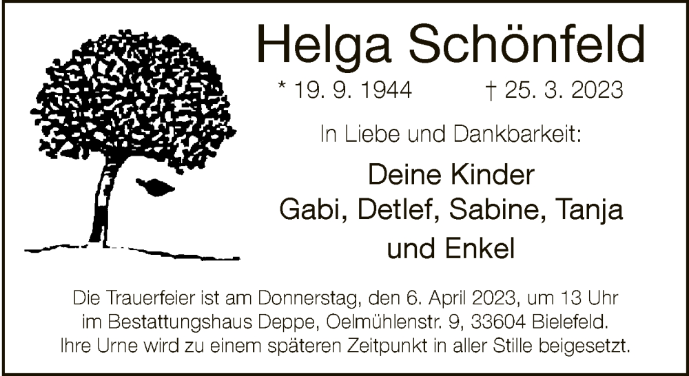  Traueranzeige für Helga Schönfeld vom 01.04.2023 aus Neue Westfälische