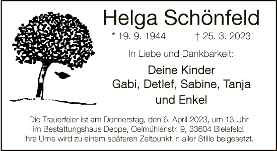 Traueranzeige von Helga Schönfeld von Neue Westfälische