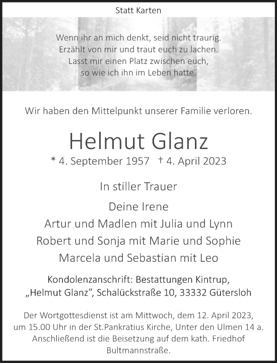 Traueranzeige von Helmut Glanz von Neue Westfälische