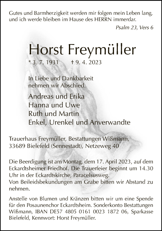Traueranzeige von Horst Freymüller von Neue Westfälische
