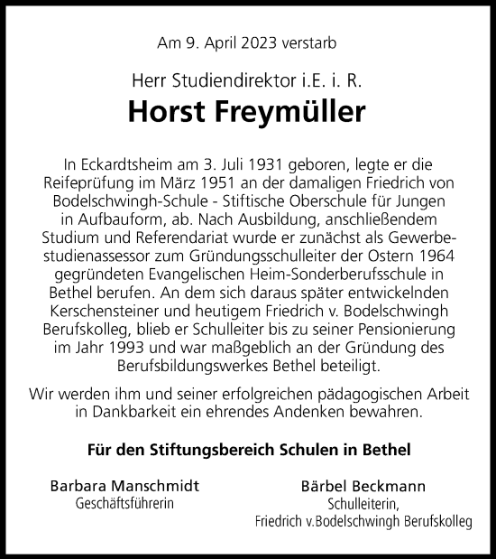 Traueranzeige von Horst Freymüller von Neue Westfälische