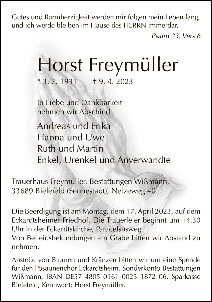  Traueranzeige für Horst Freymüller vom 13.04.2023 aus Neue Westfälische