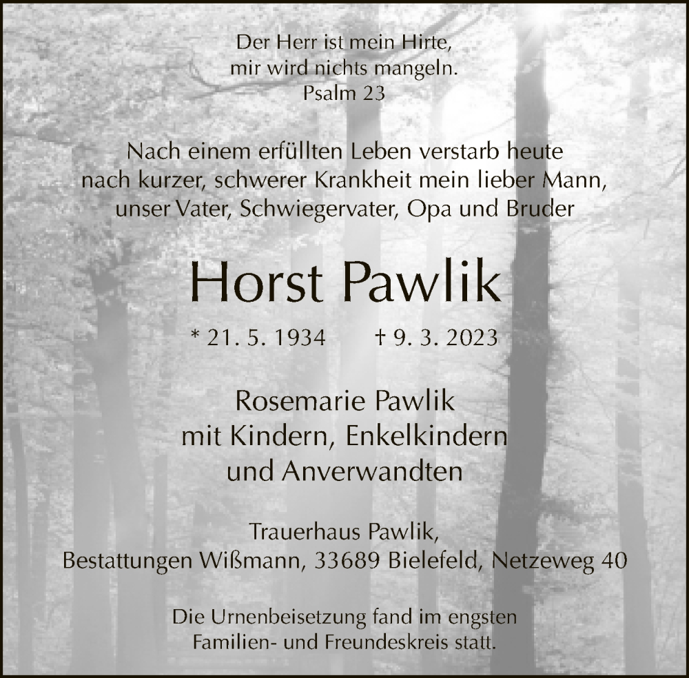  Traueranzeige für Horst Pawlik vom 01.04.2023 aus Neue Westfälische