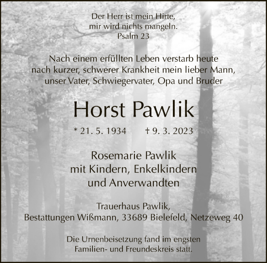 Traueranzeige von Horst Pawlik von Neue Westfälische