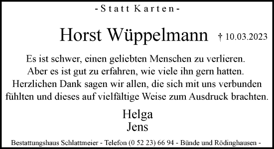 Traueranzeige von Horst Wüppelmann von Neue Westfälische