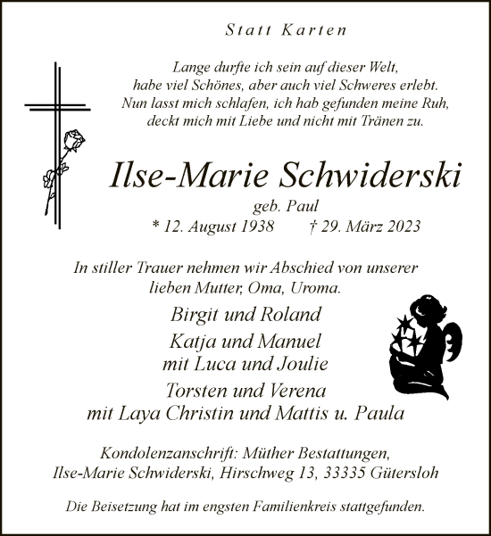 Traueranzeige von Ilse-Marie Schwiderski von Neue Westfälische
