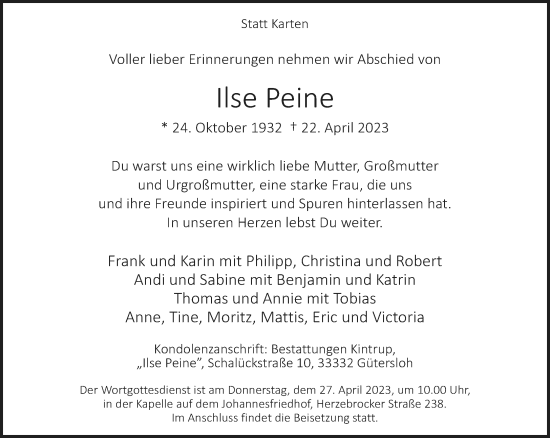 Traueranzeige von Ilse Peine von Neue Westfälische