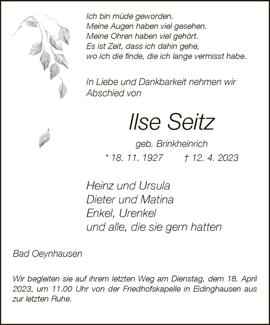 Traueranzeige von Ilse Seitz von Neue Westfälische