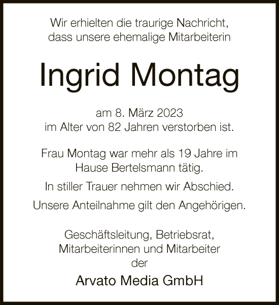 Traueranzeige von Ingrid Montag von Neue Westfälische