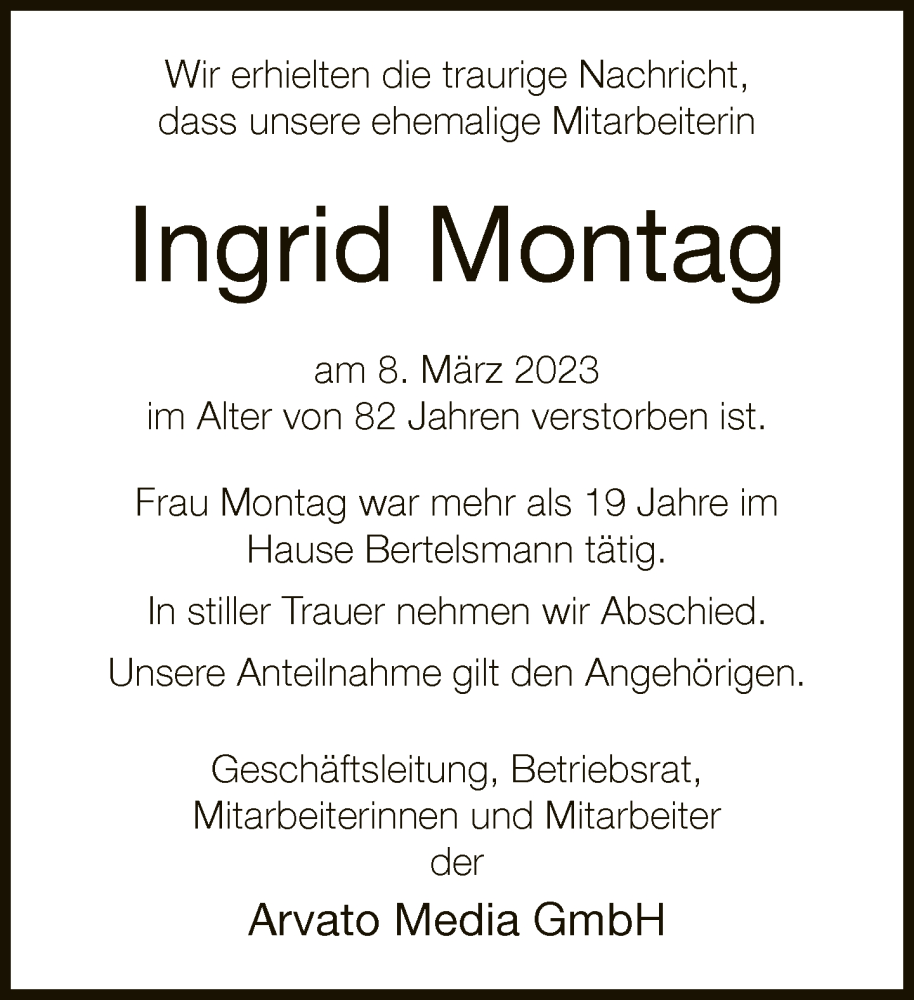  Traueranzeige für Ingrid Montag vom 01.04.2023 aus Neue Westfälische