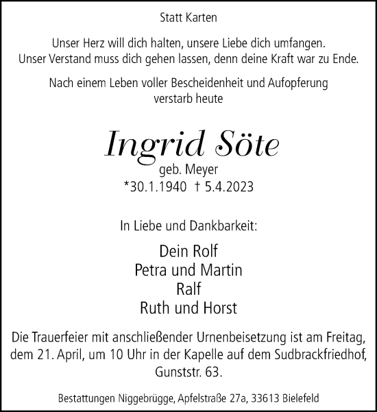 Traueranzeige von Ingrid Söte von Neue Westfälische